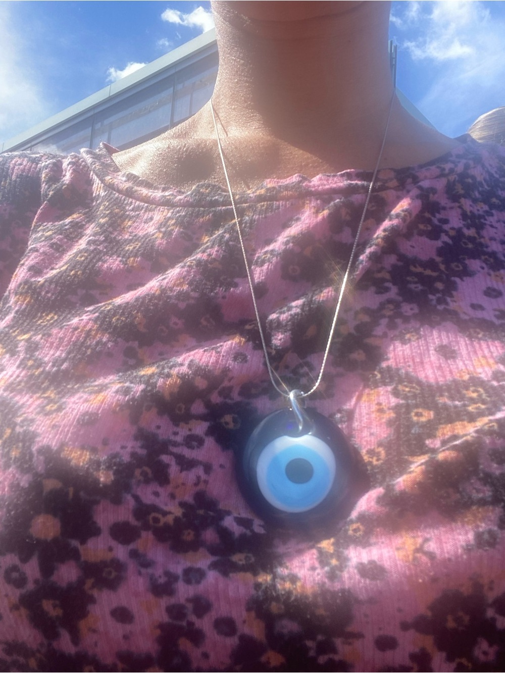 Evil Eye Glass Pendant Necklace - Blue Silver Chain